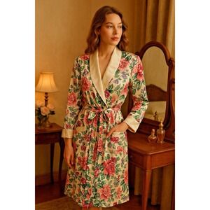 VTG Kathryn Floral Satin Robe Kimono Wrap Belted Longed Wear Women's Sz M